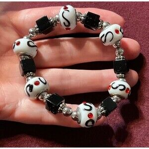 Glass Beaded Lampwork Stretch Bracelet. White, Black, Red.